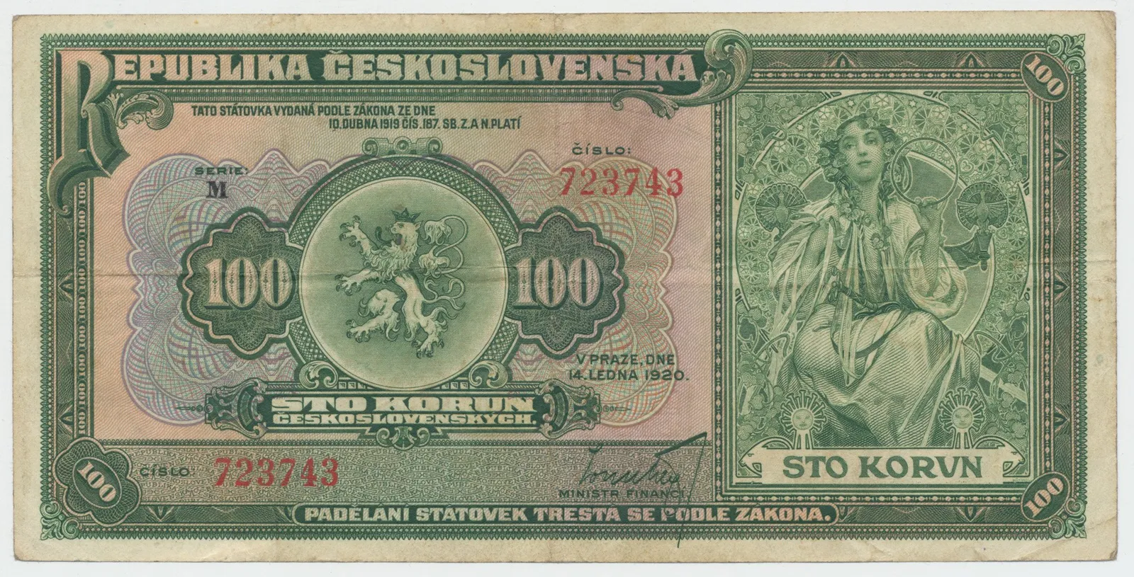 Československo, 100 Koruna 1920, série M, Hej.16a, pěkná