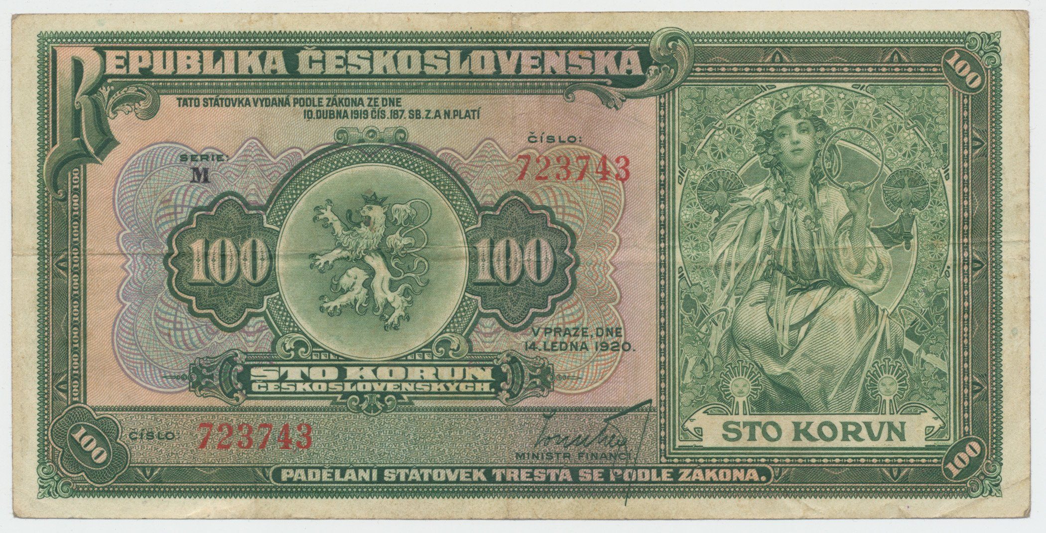 Československo, 100 Koruna 1920, série M, Hej.16a, pěkná