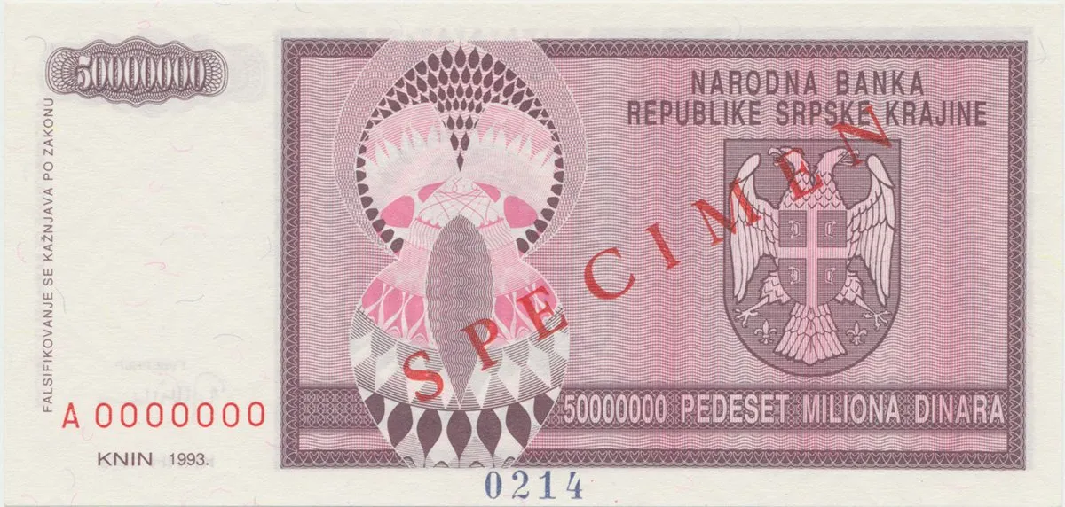 Chorvatsko, 50 Miliona Dinara 1993, anulát - SPECIMEN, P.R14s
