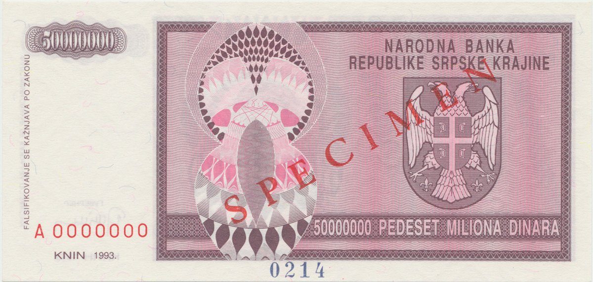 Chorvatsko, 50 Miliona Dinara 1993, anulát - SPECIMEN, P.R14s