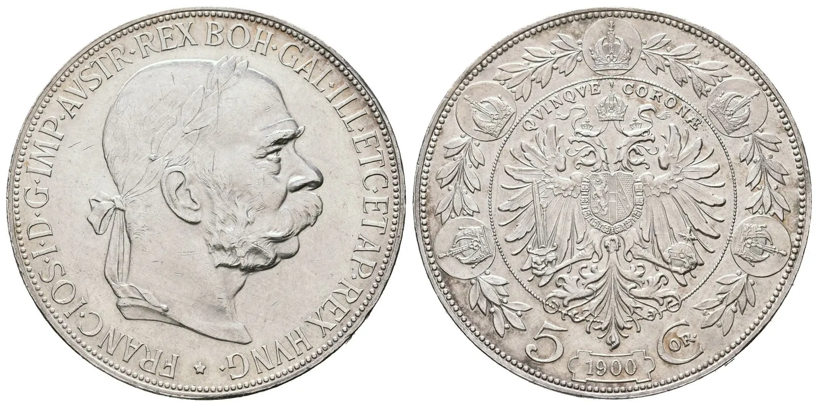 5 Koruna 1900, krásná zachovalost, ražební lesk, rysky, jemná patina — 1
