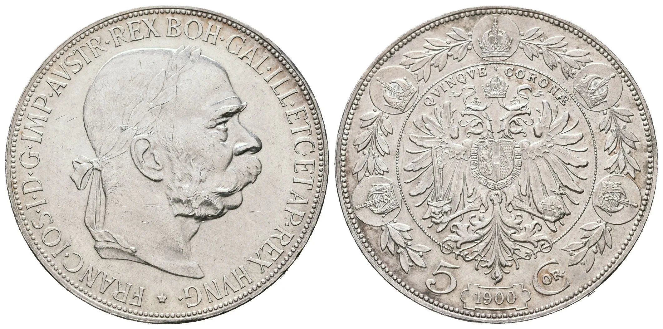 5 Koruna 1900, krásná zachovalost, ražební lesk, rysky, jemná patina — 1