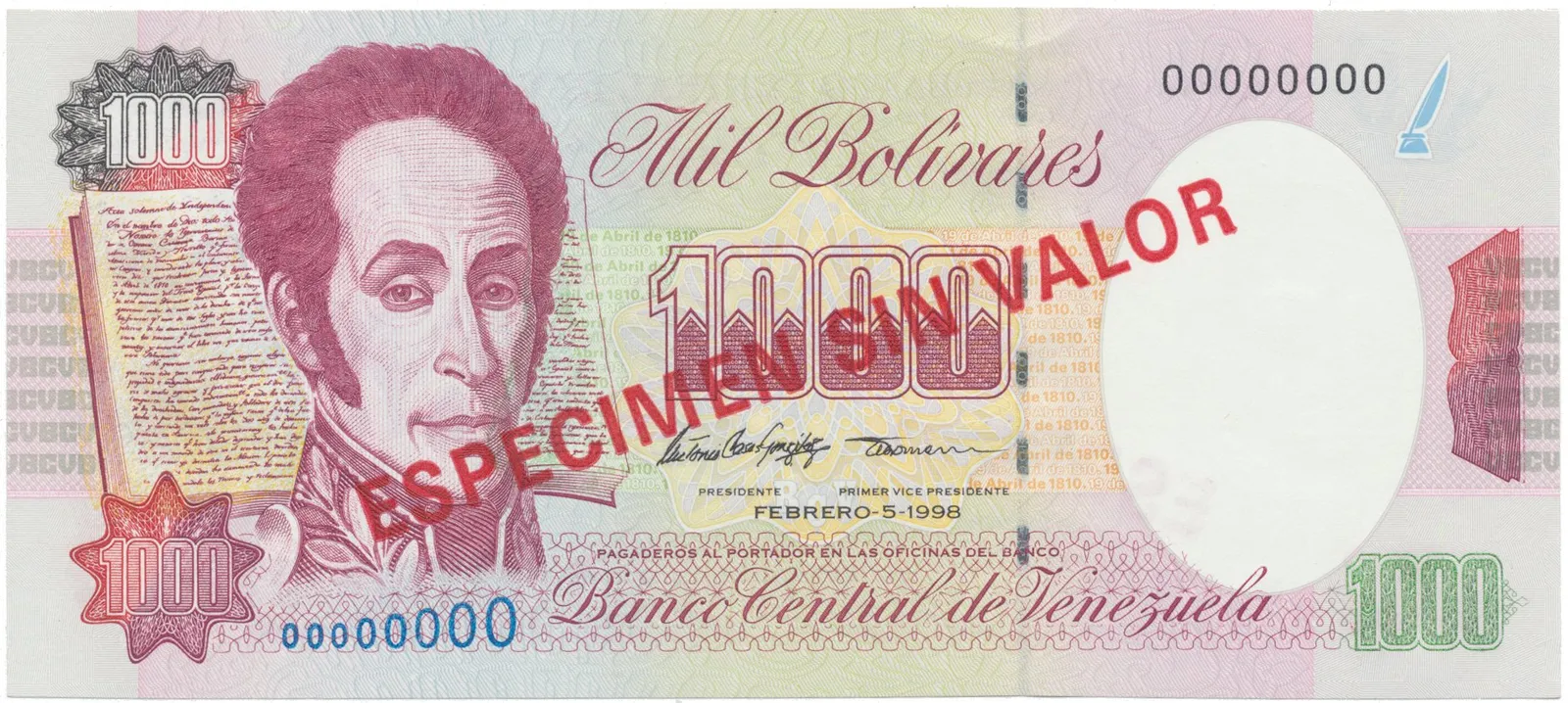 Venezuela, 1000 Bolivares 1998, anulát - ESPECIMEN SIN VALOR, P.76cs