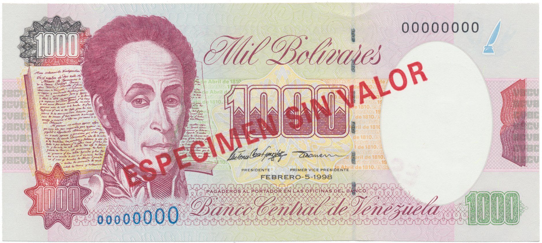 Venezuela, 1000 Bolivares 1998, anulát - ESPECIMEN SIN VALOR, P.76cs