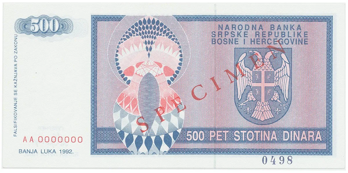 Bosna a Hercegovina, 500 Dinara 1992, bankovní vzor, AA 0000000, přet. SPECIMEN, P.136s