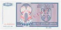 Bosna a Hercegovina, 500 Dinara 1992, bankovní vzor, AA 0000000, přet. SPECIMEN, P.136s