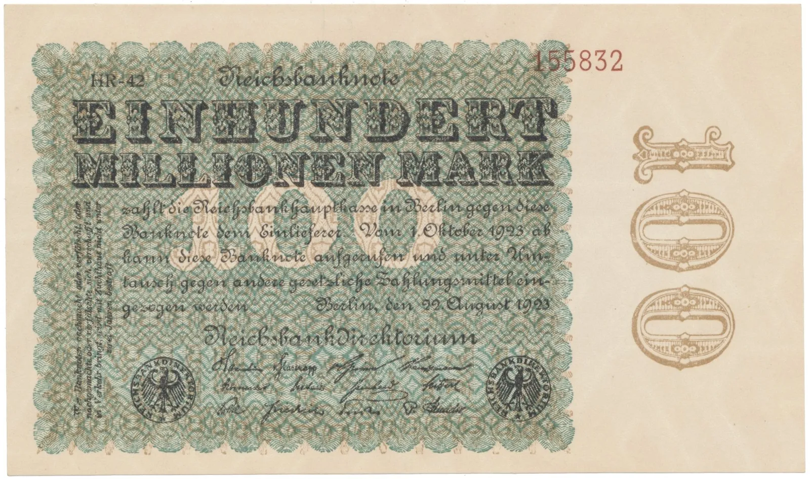Německo, 100 Millionen Mark 1923, Hakensterne, Ro.106l
