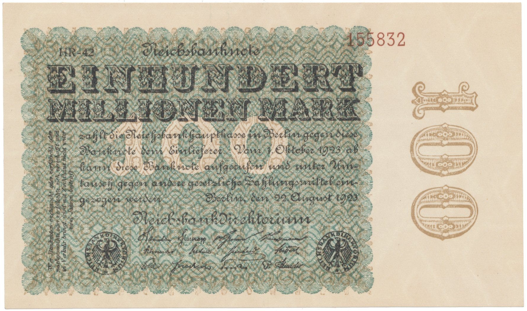 Německo, 100 Millionen Mark 1923, Hakensterne, Ro.106l