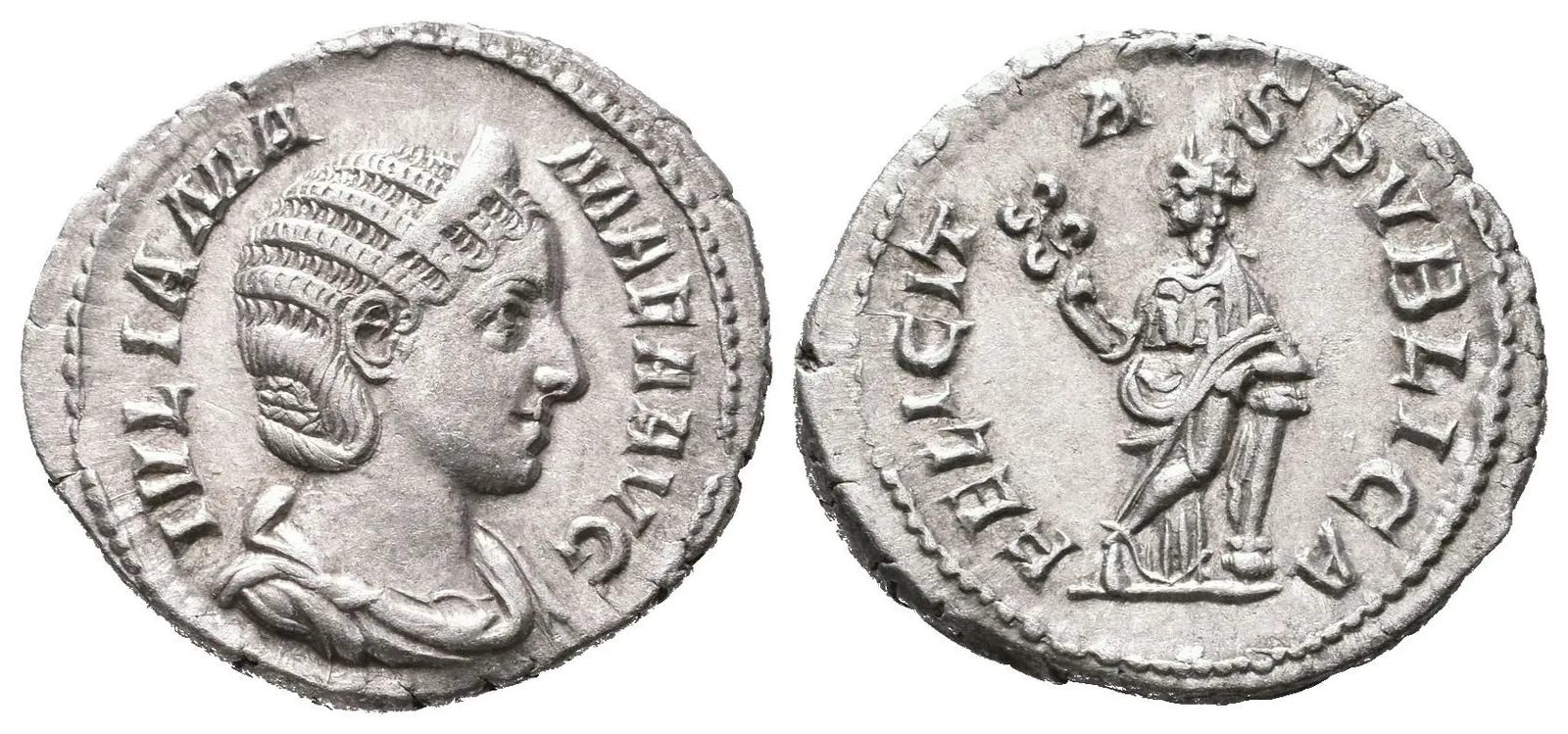 Denár, Rv: FELICITAS PUBLICA, stojící Felicitas čelně drží caduceus, opírá se — 1