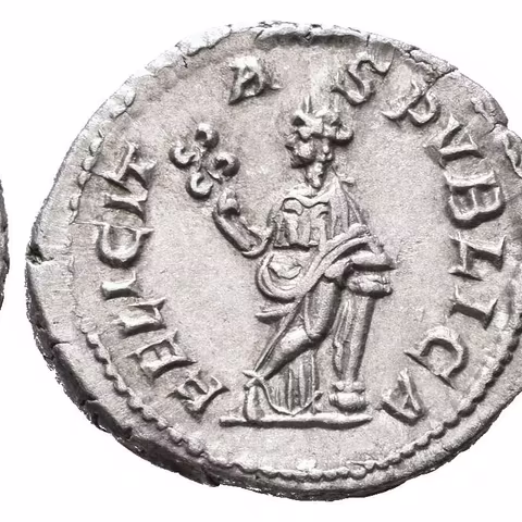 Denár, Rv: FELICITAS PUBLICA, stojící Felicitas čelně drží caduceus, opírá se