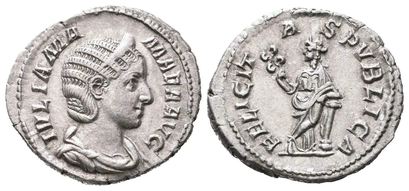 Denár, Rv: FELICITAS PUBLICA, stojící Felicitas čelně drží caduceus, opírá se — 1