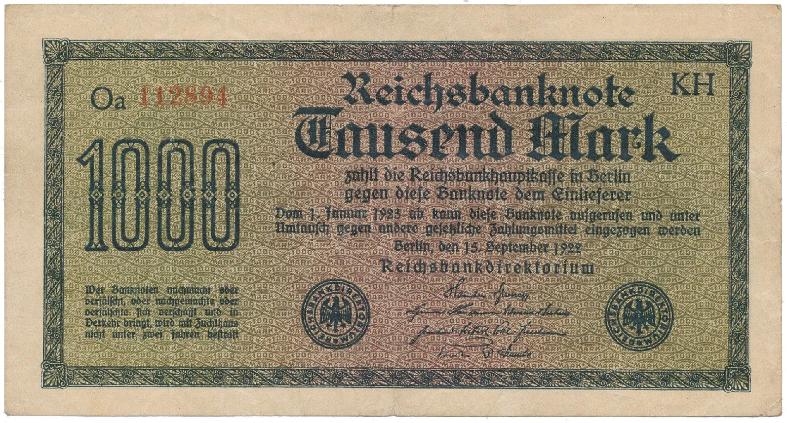 Německo, 1000 Mark 1922, vod. Achterstreifen, Ro.75o