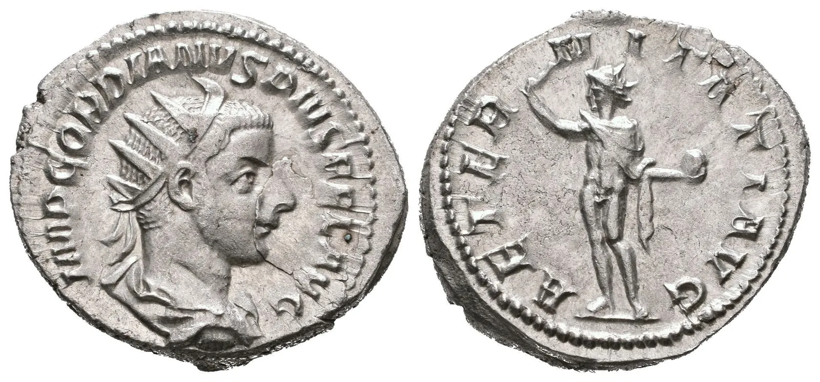 Antoninian, 241 - 243, Rv: AETERNITATI AVG, stojící Sol čelně hledí doleva, — 1