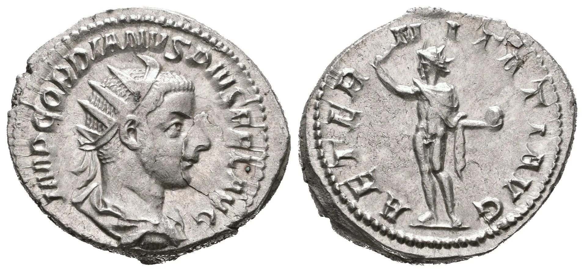 Antoninian, 241 - 243, Rv: AETERNITATI AVG, stojící Sol čelně hledí doleva, — 1