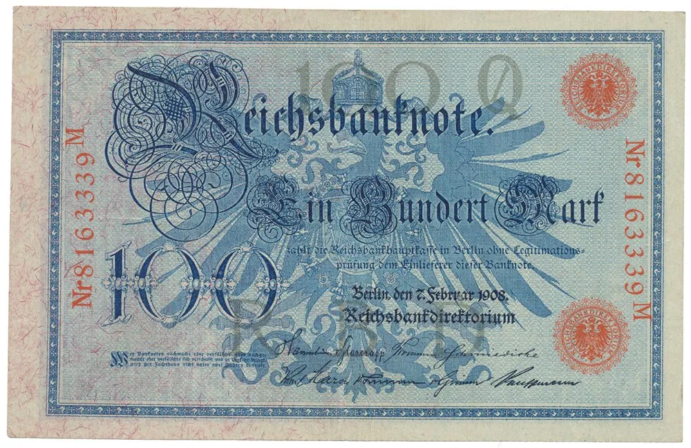 Německo, 100 Mark 1908, červený číslovač 29 mm, Ro.33b