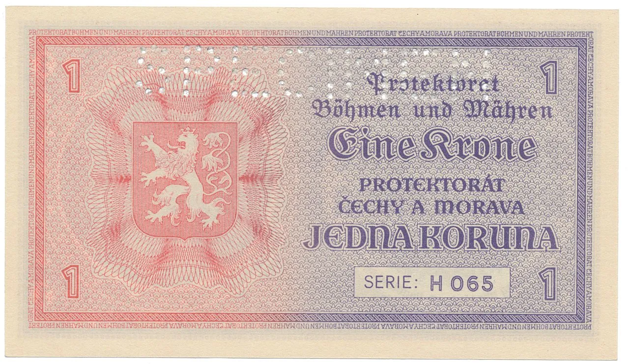 Protektorát Čechy a Morava, 1 Koruna b.d. (1940), tisk Haase, série H, perf. 1x SPECIMEN, Hej.30b.S1