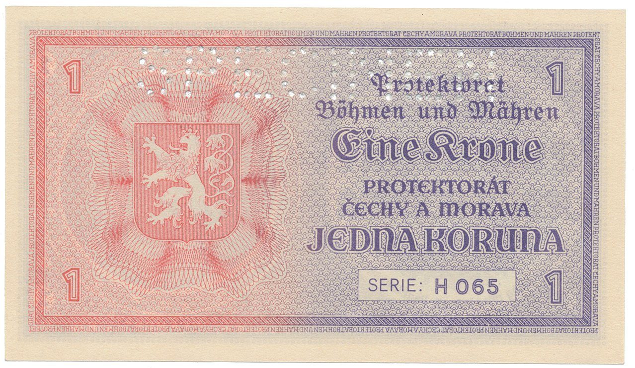 Protektorát Čechy a Morava, 1 Koruna b.d. (1940), tisk Haase, série H, perf. 1x SPECIMEN, Hej.30b.S1