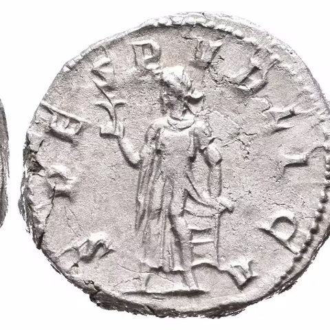 Antoninian, Rv: SPES PVBLICA, kráčející Spes doleva nese květinu, levou rukou