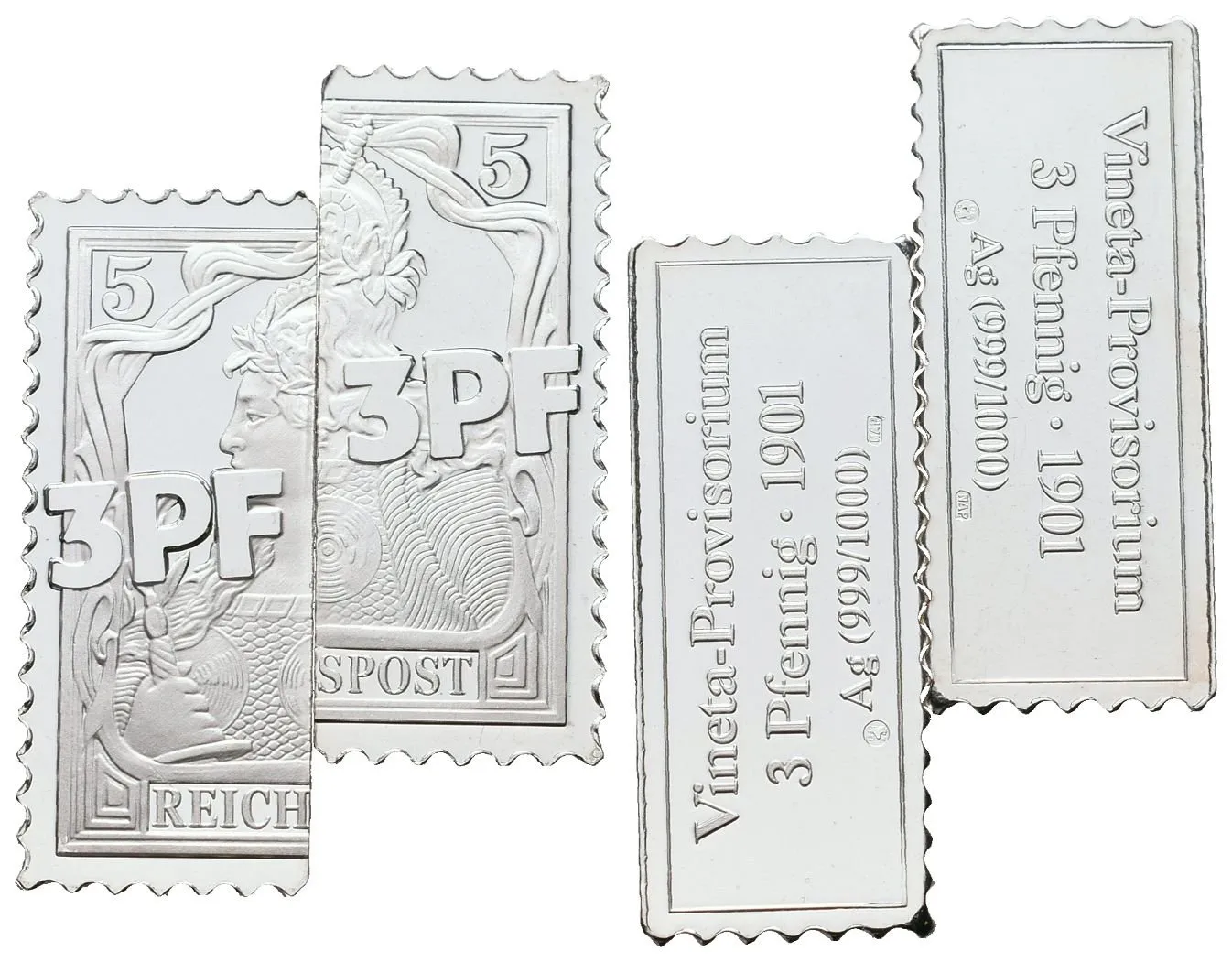 Stříbrná známka - Německo - Provizorní známka 3 Pfennig 1901 - Ag 8g 999/1000