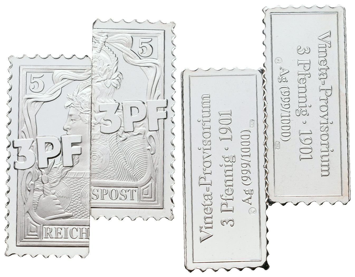 Stříbrná známka - Německo - Provizorní známka 3 Pfennig 1901 - Ag 8g 999/1000