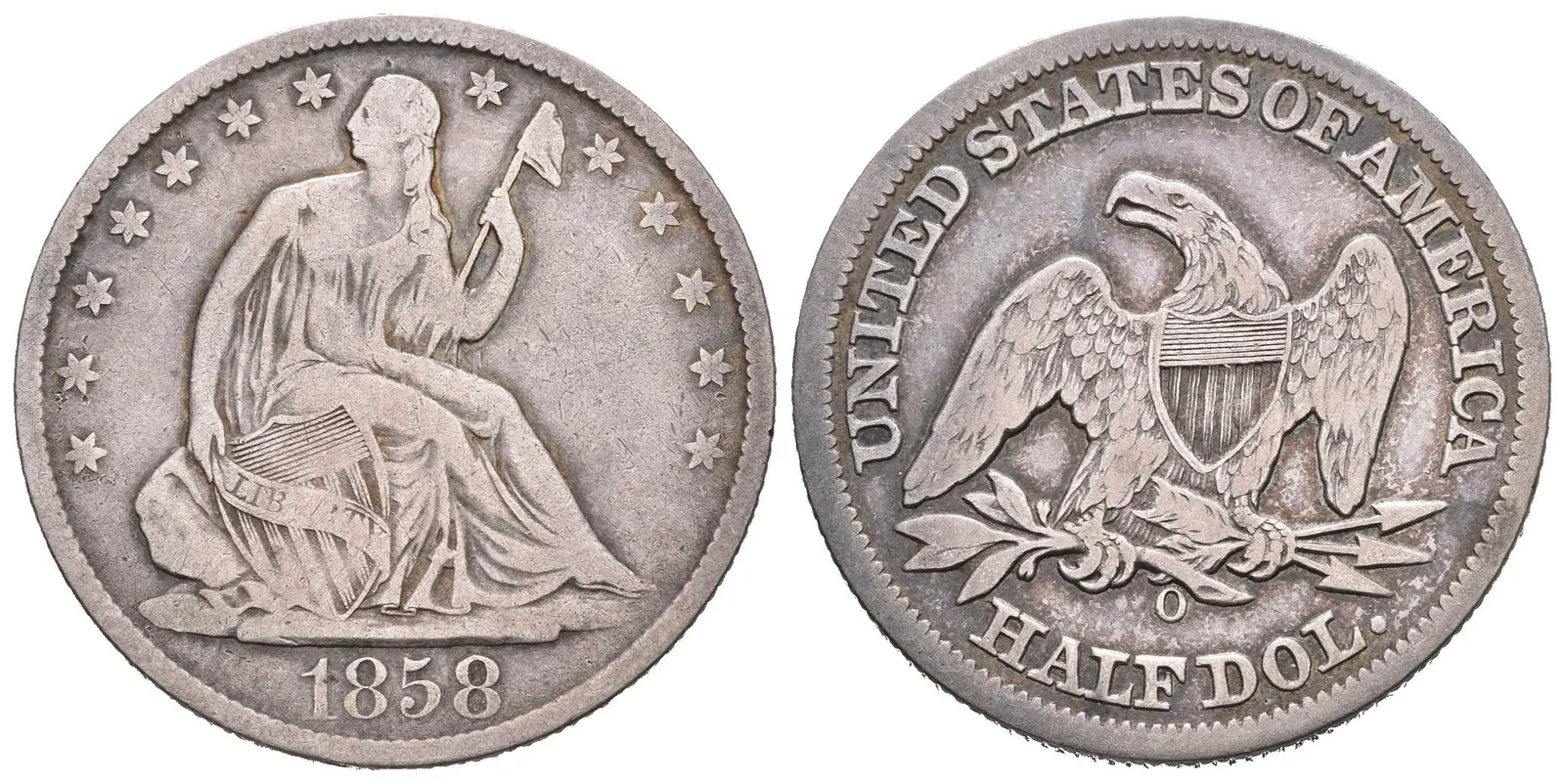 1/2 Dollar 1858 O, KM.A68, tmavá patina, zbytky lesku, rysky — 1
