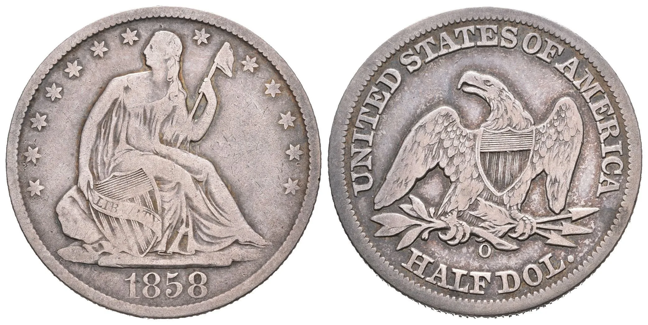 1/2 Dollar 1858 O, KM.A68, tmavá patina, zbytky lesku, rysky — 1