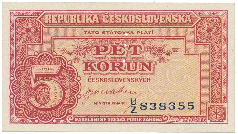 Československo, 5 Koruna b.d. (1945), perforace 3 md svisle, Hej.70a.S1