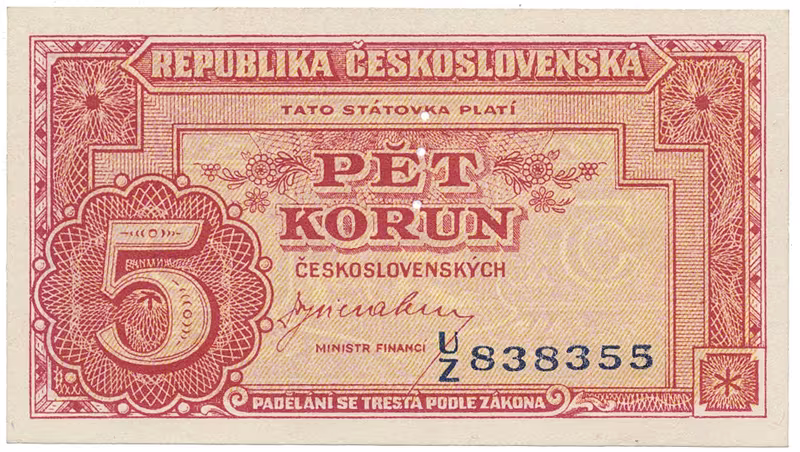 Československo, 5 Koruna b.d. (1945), perforace 3 md svisle, Hej.70a.S1