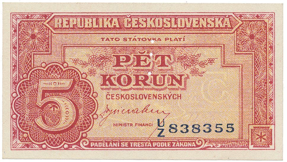 Československo, 5 Koruna b.d. (1945), perforace 3 md svisle, Hej.70a.S1