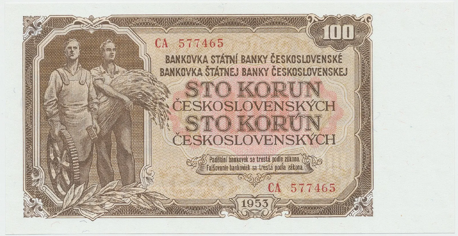 Československo, 100 Koruna 1953, tisk Moskva, série CA, Hej.95a1