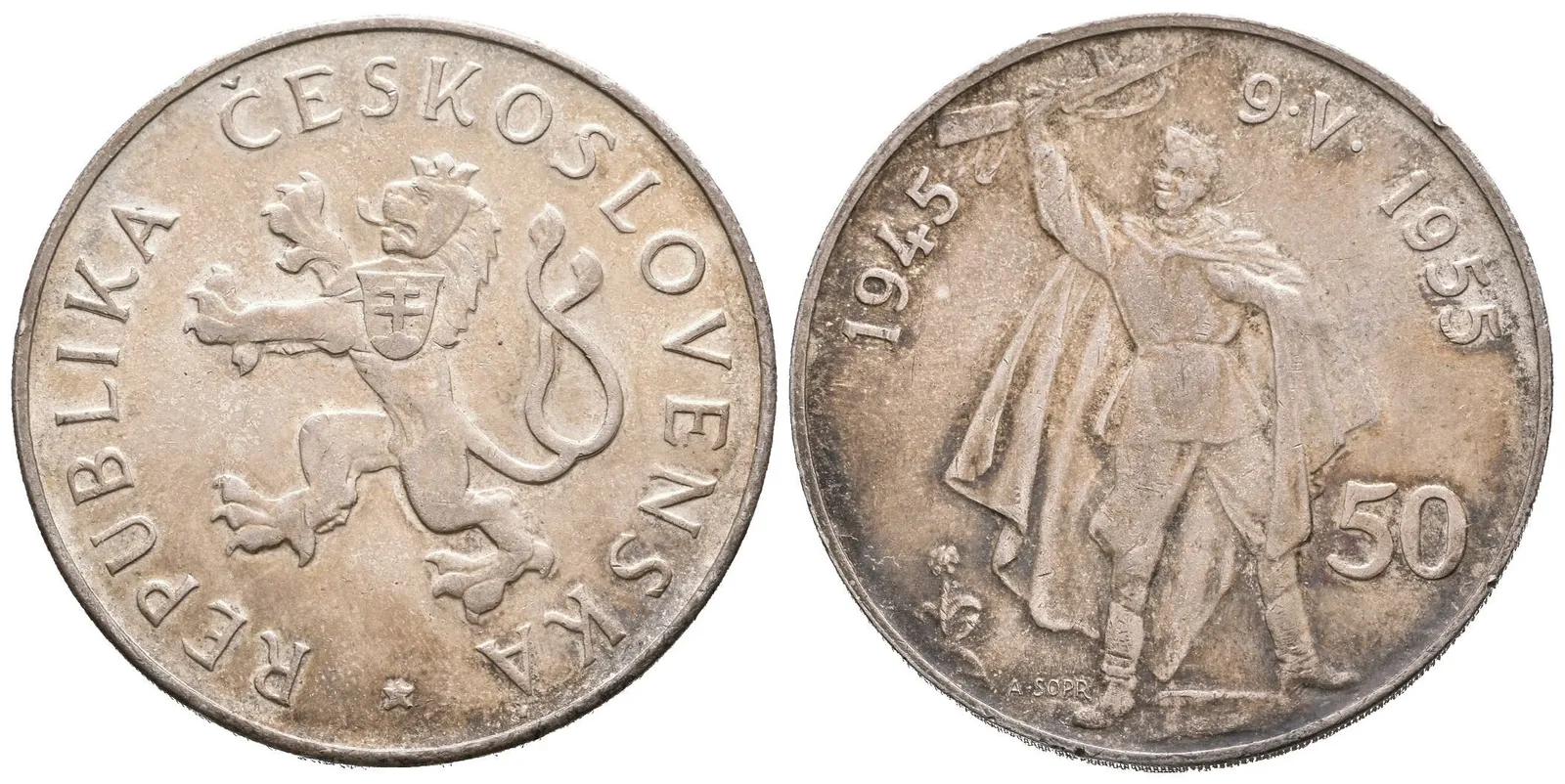 50 Kčs 1955 - Osvobození, varianta signatury b, Aurea.105b, zbytky lesku, patina, — 1