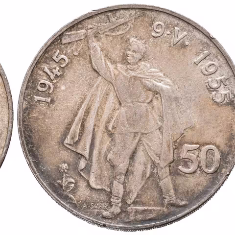 50 Kčs 1955 - Osvobození, varianta signatury b, Aurea.105b, zbytky lesku, patina,