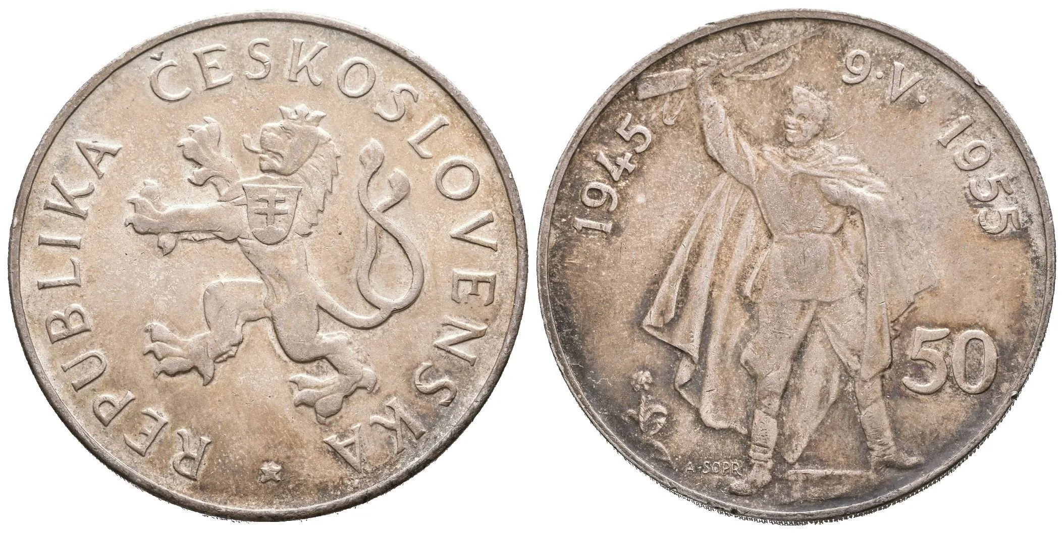 50 Kčs 1955 - Osvobození, varianta signatury b, Aurea.105b, zbytky lesku, patina, — 1