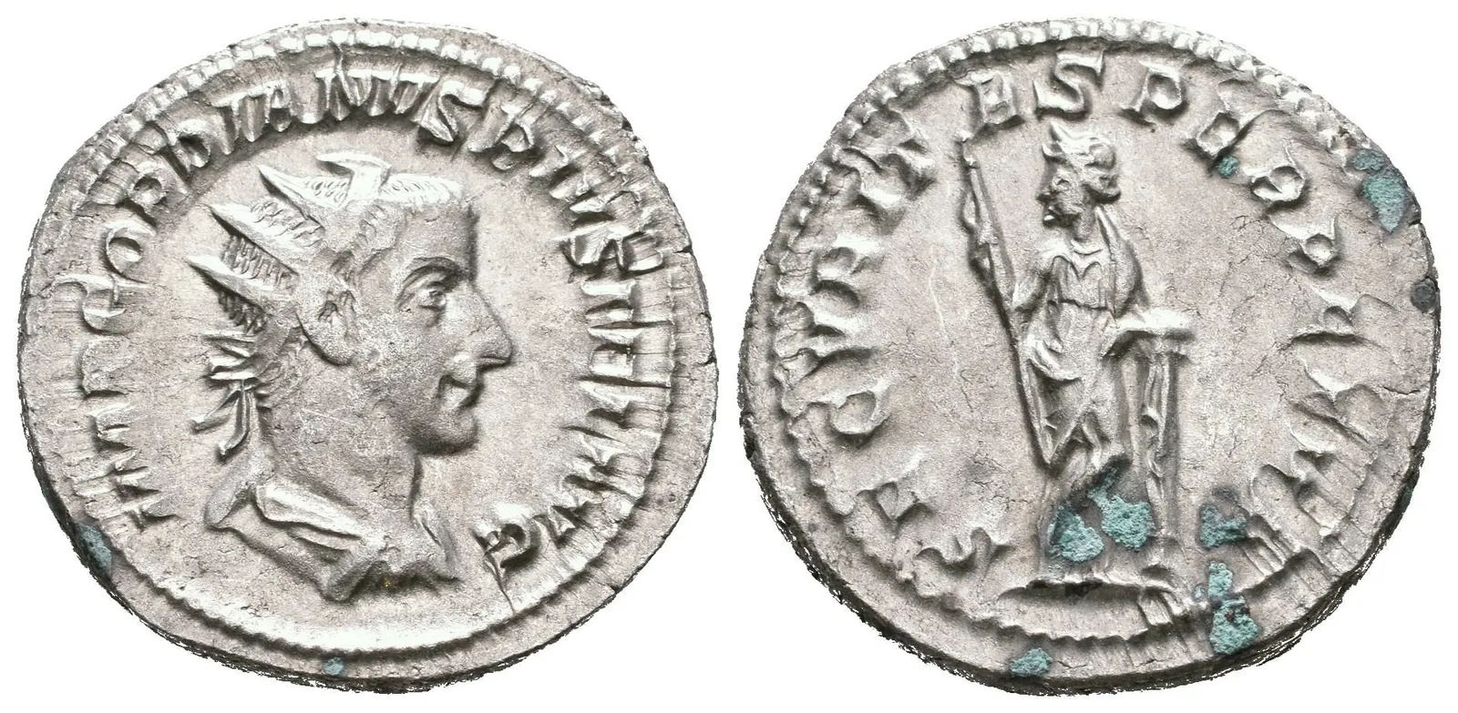 Antoninian, 243 - 244, Rv: SECVRIT-AS PERPETVA, stojící Securitas zleva drží — 1