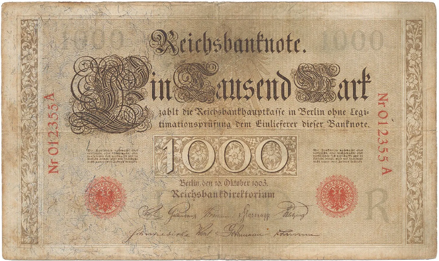 Německo, 1000 Mark 1903, Ro.21, 2x natrž. 3 mm
