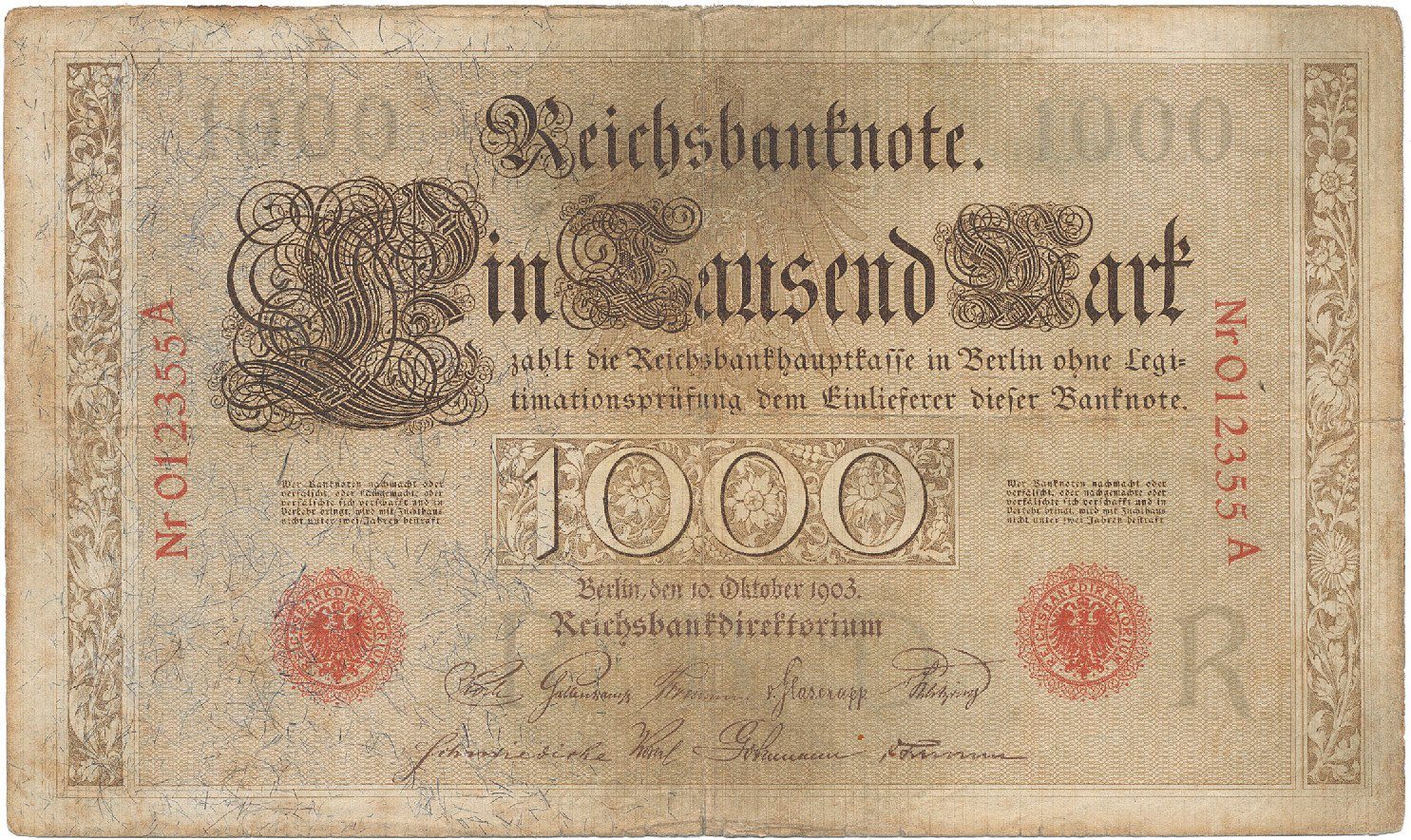 Německo, 1000 Mark 1903, Ro.21, 2x natrž. 3 mm