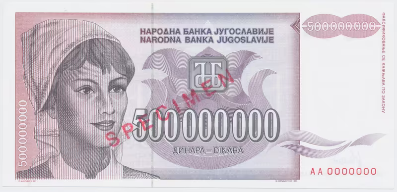 Jugoslávie, 500.000.000 Dinara 1993, anulát AA 0000000, razítko SPECIMEN, P.125