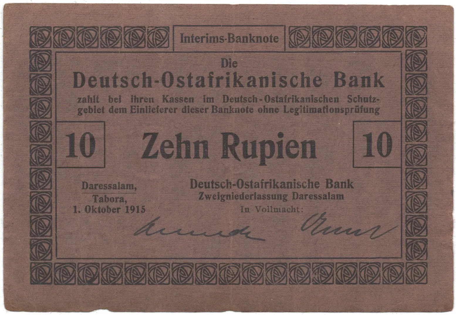 Německá Východní Afrika, 10 Rupien 1. 10. 1915, R.912a