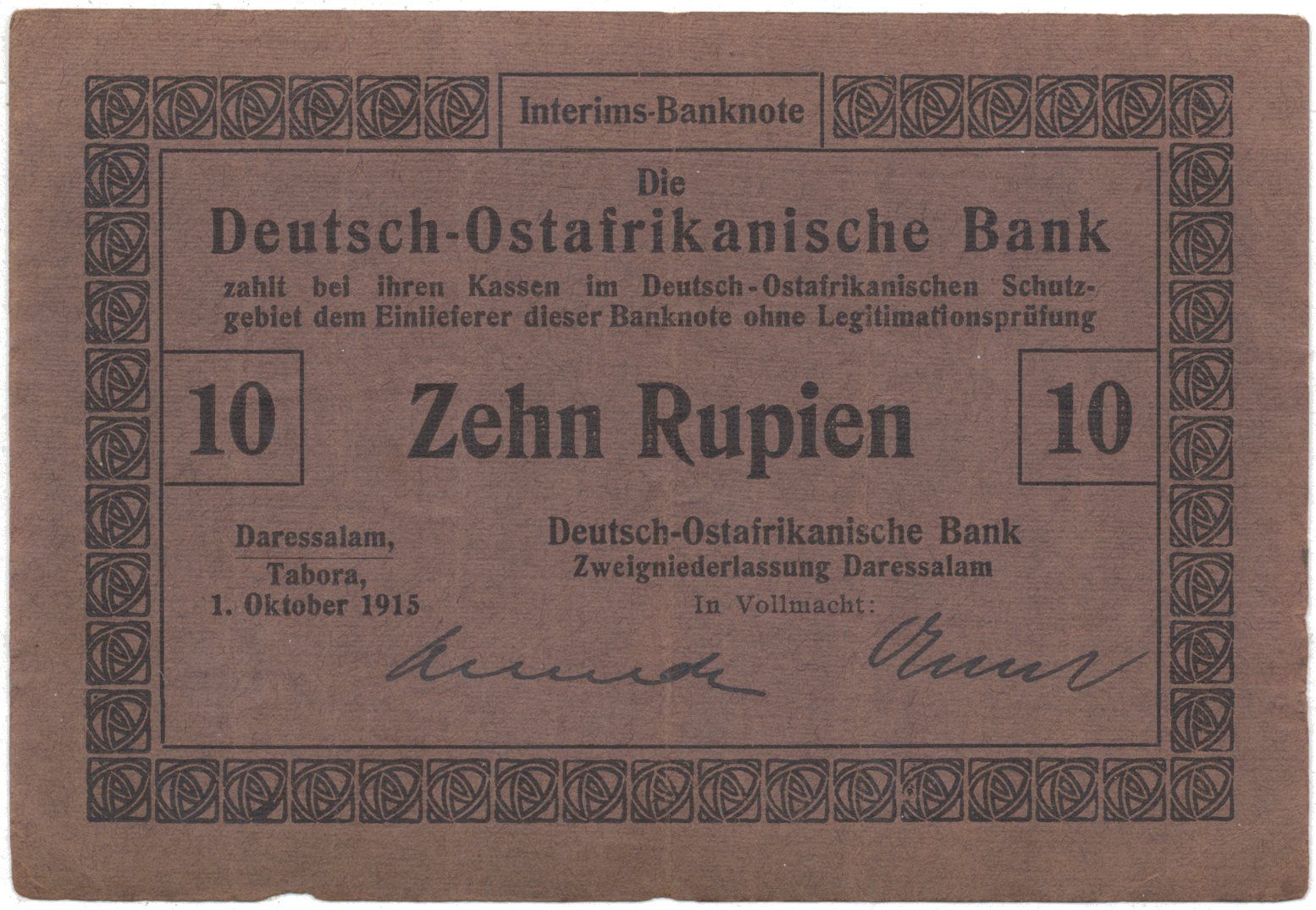 Německá Východní Afrika, 10 Rupien 1. 10. 1915, R.912a
