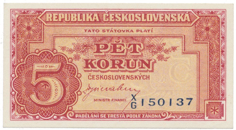 Československo, 5 Koruna b.d. (1945), neperforovaná, Hej.70a