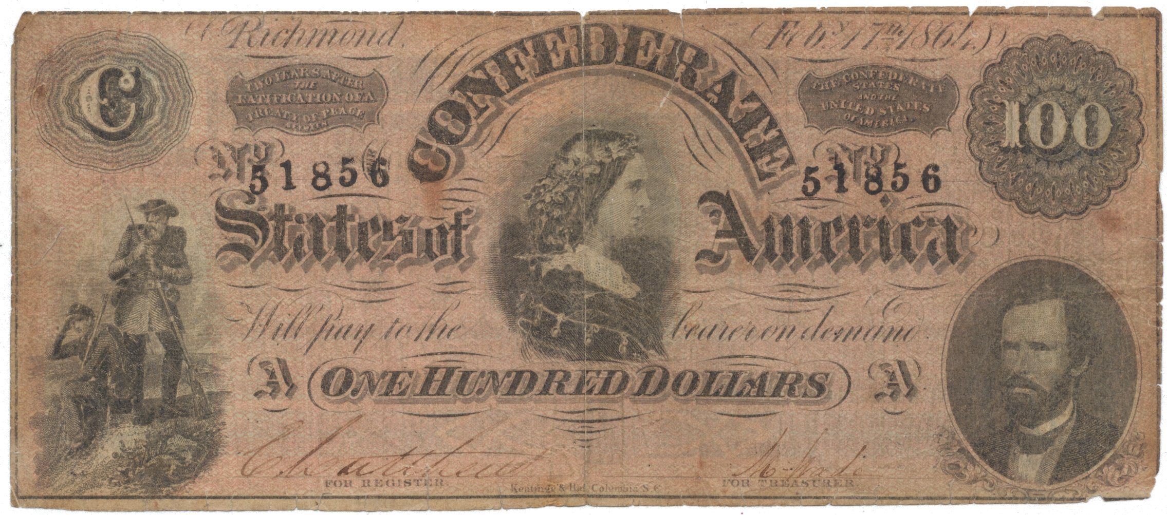 CSA, 100 Dollar 1864, P.71