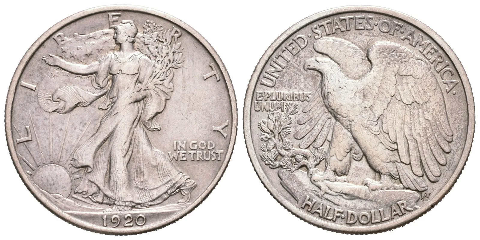 1/2 Dollar 1920, KM.142, pěkná zachovalost, patina, rysky — 1