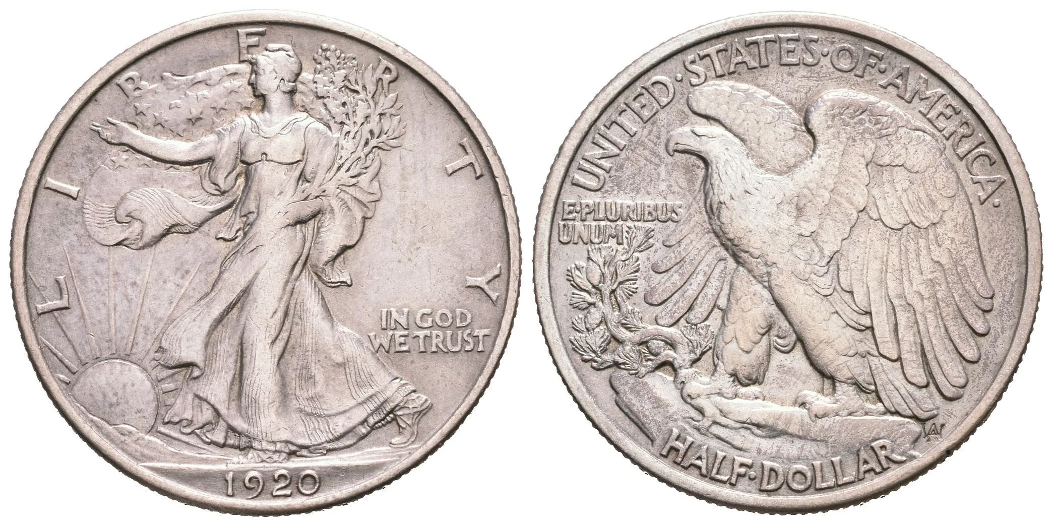 1/2 Dollar 1920, KM.142, pěkná zachovalost, patina, rysky — 1