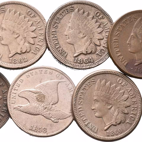 Soubor mincí - 1 Cent 1858, Indian Head Cent 1859, 1860, 1862, 1864,