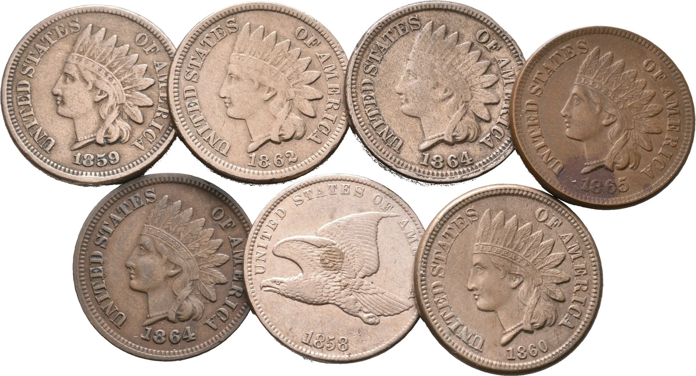 Soubor mincí - 1 Cent 1858, Indian Head Cent 1859, 1860, 1862, 1864, — 1