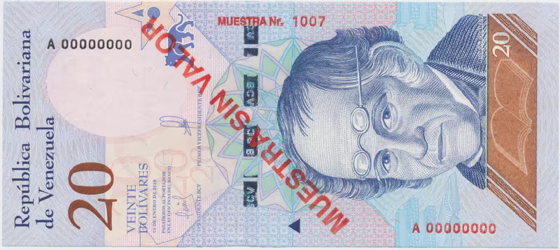 Venezuela, 20 Bolivares 2018, anulát - MUESTRA SIN VALOR, P.104as