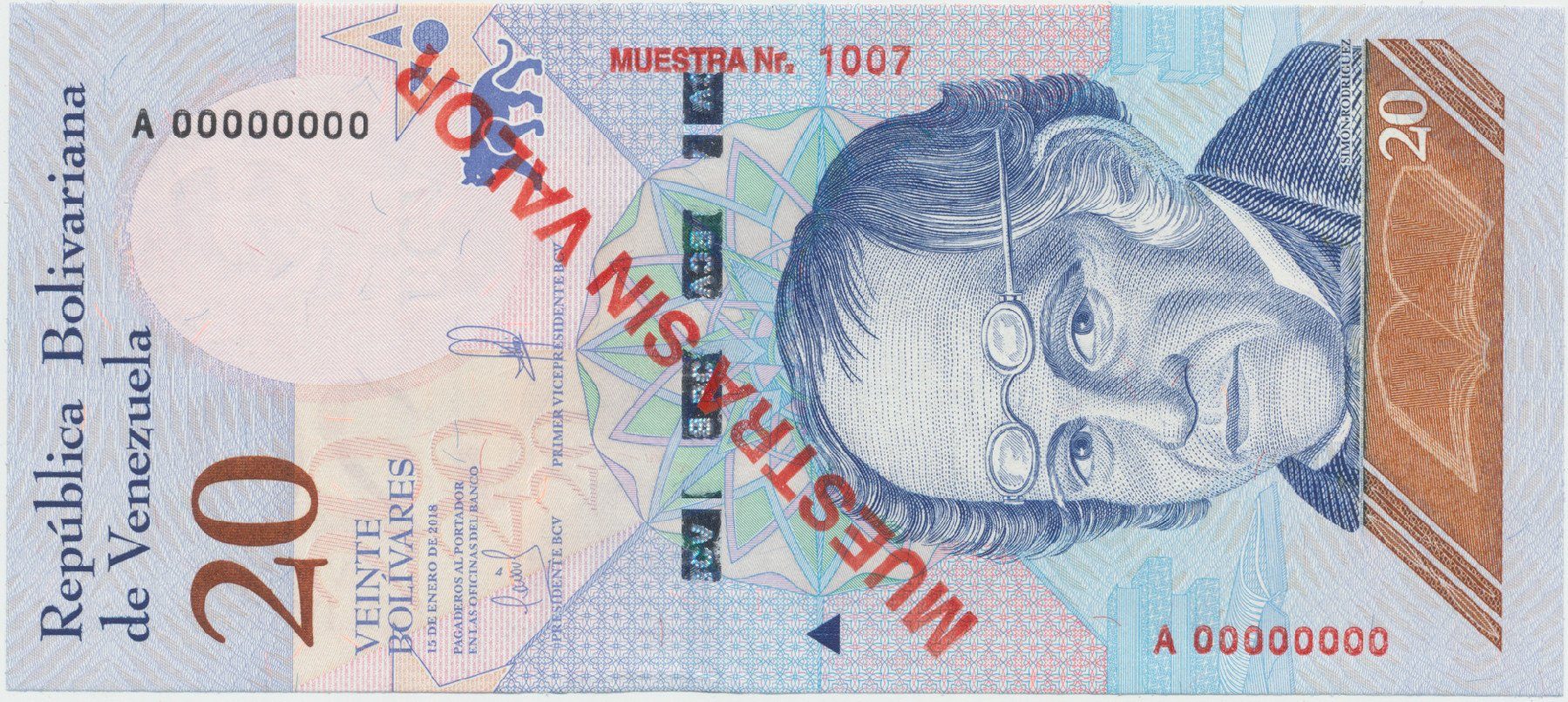 Venezuela, 20 Bolivares 2018, anulát - MUESTRA SIN VALOR, P.104as