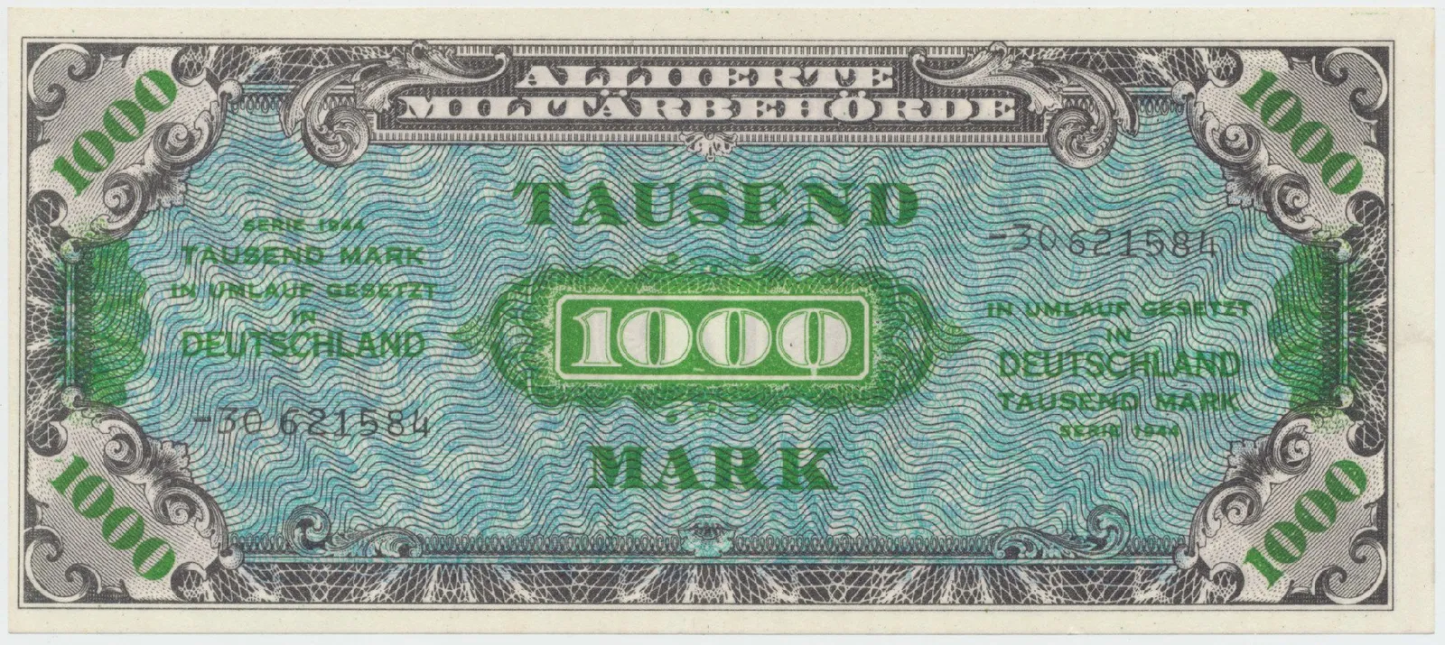 Okupační poukázky Allierte, 1000 Mark 1944, tisk SSSR, 8-místný číslovač, Hej.AM8c