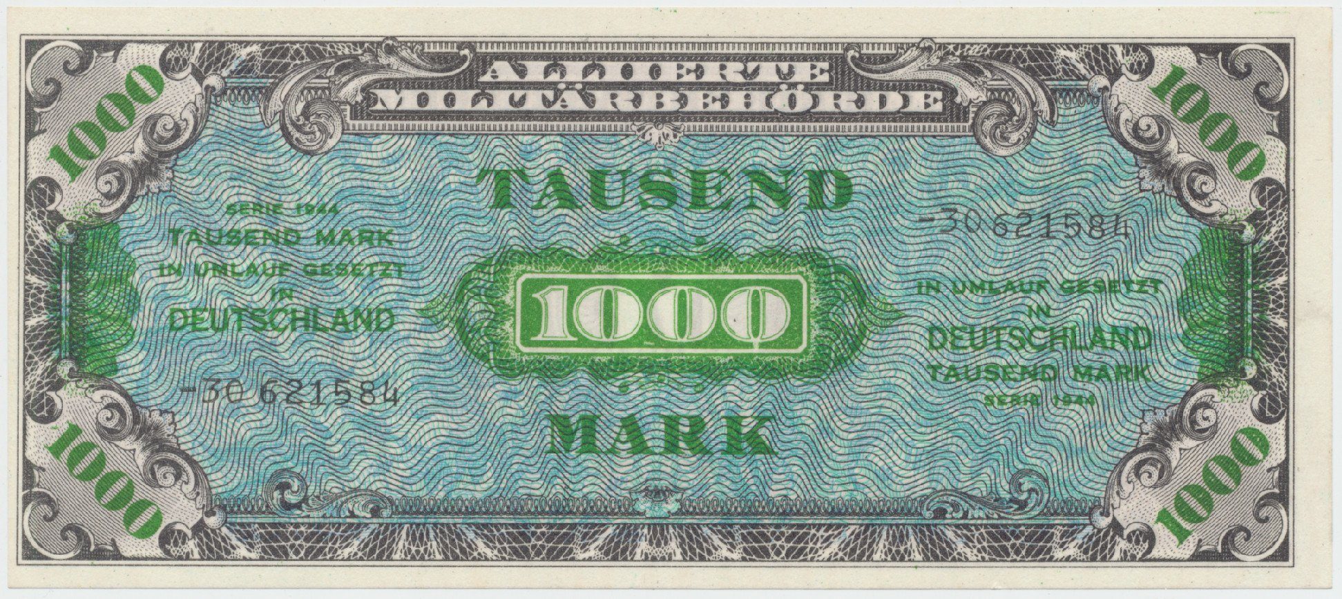 Okupační poukázky Allierte, 1000 Mark 1944, tisk SSSR, 8-místný číslovač, Hej.AM8c