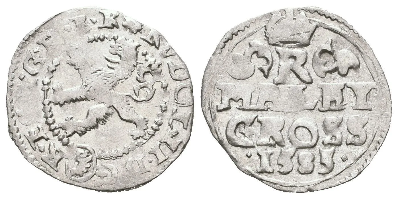 Malý groš 1585, Kutná Hora-Šatný, HN.1b (opis 7a), tečky po stranách letopočtu, — 1
